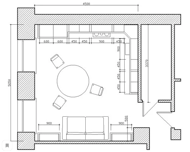 kwadratowa kuchnia-salon o powierzchni 16 m2