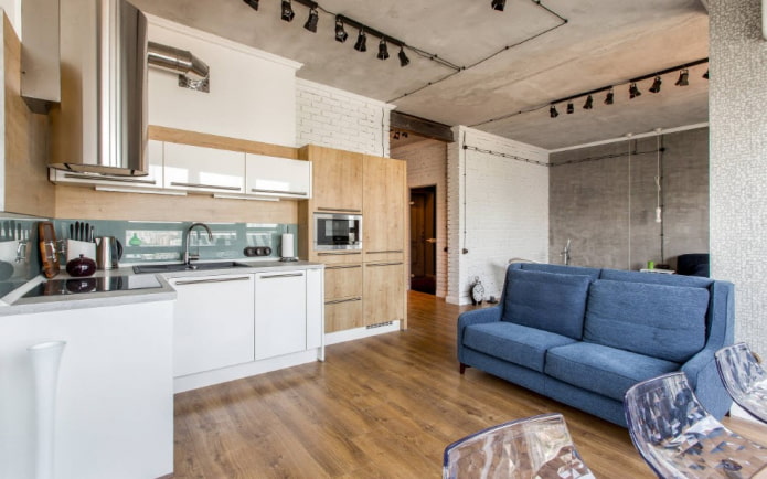 sofa we wnętrzu kuchni w stylu loft