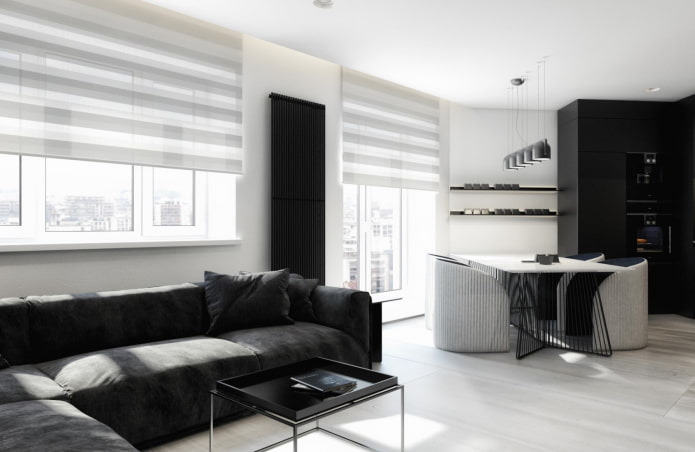 sofa we wnętrzu kuchni w stylu minimalistycznym