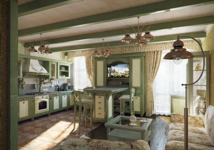 kuchnia-salon w stylu rustykalnym