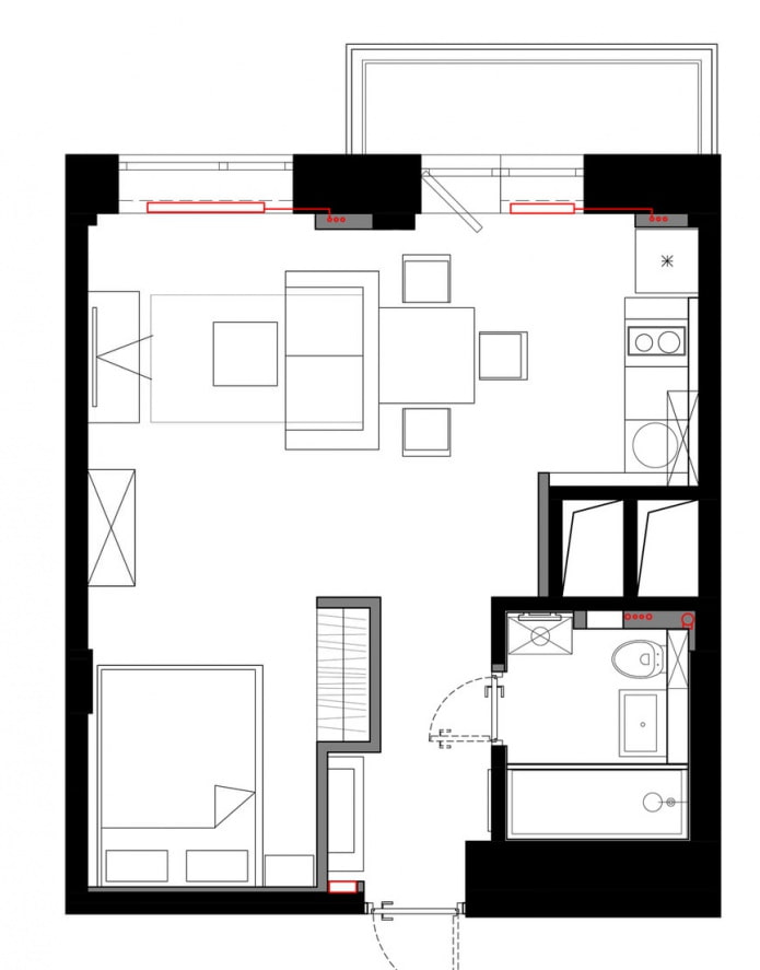 Rozkład mieszkania typu studio o powierzchni 33 m2.