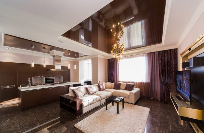 dwupoziomowy sufit napinany w kuchni kuchnia-salon