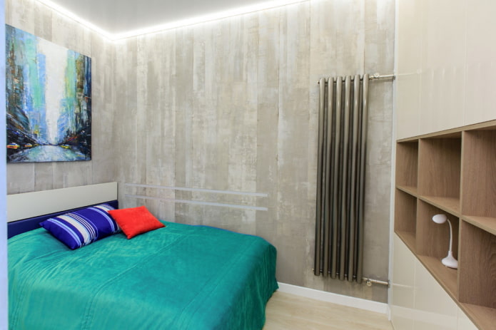 loft w sypialni z szarymi ścianami