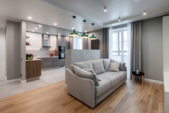 aranżacja lamp we wnętrzu kuchni-salonu