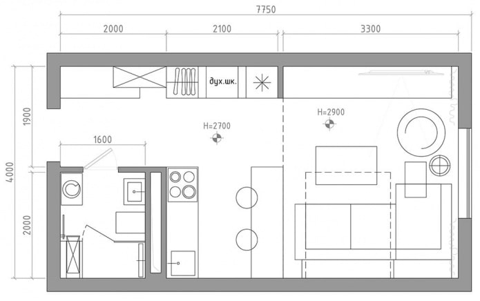 układ studia 29 m kw.