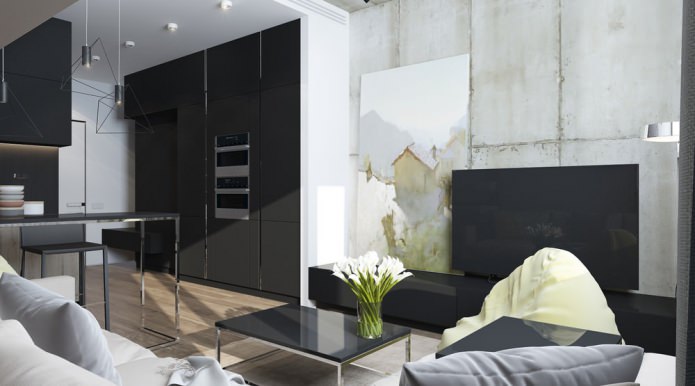 Nowoczesny design salonu połączonego z kuchnią w kawalerce
