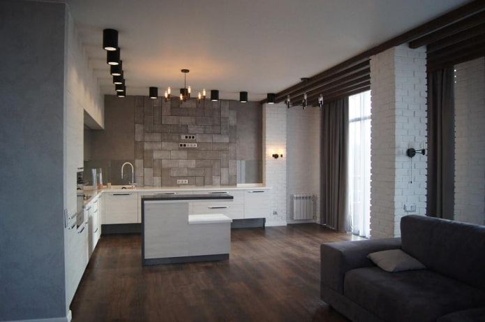 kuchnia w stylu loft z kilkoma rodzajami cegieł