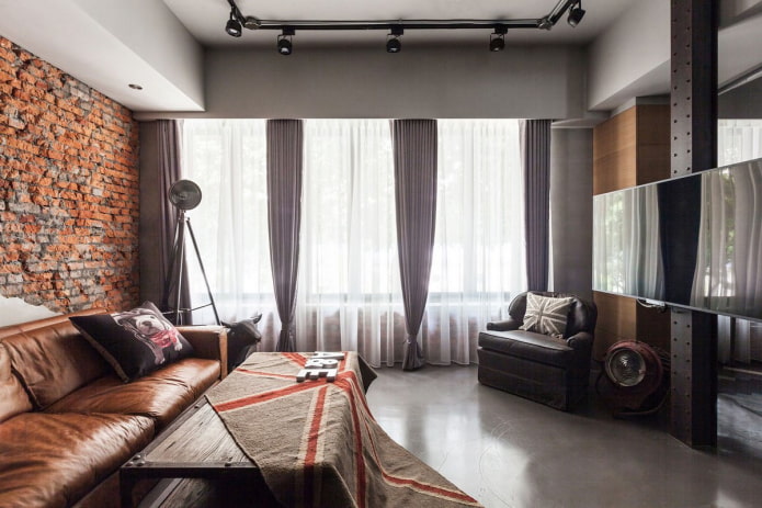 zasłony z klipsami w salonie w stylu loft