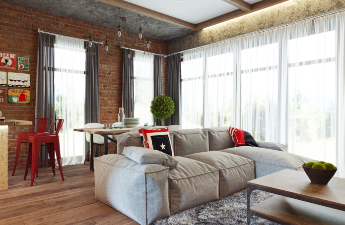 zasłony z woalu w salonie w stylu loft