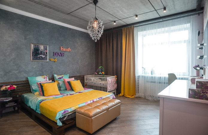 zasłony ze ściągaczem w sypialni w stylu loft