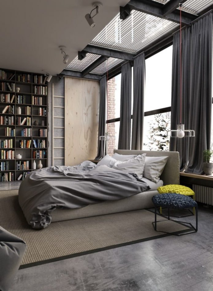 zasłony w sypialni w stylu loft