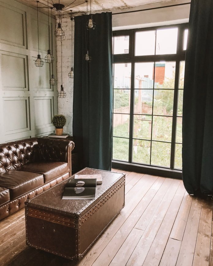 zasłony w salonie w stylu loft