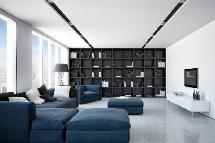 niebieska sofa w stylu minimalistycznym