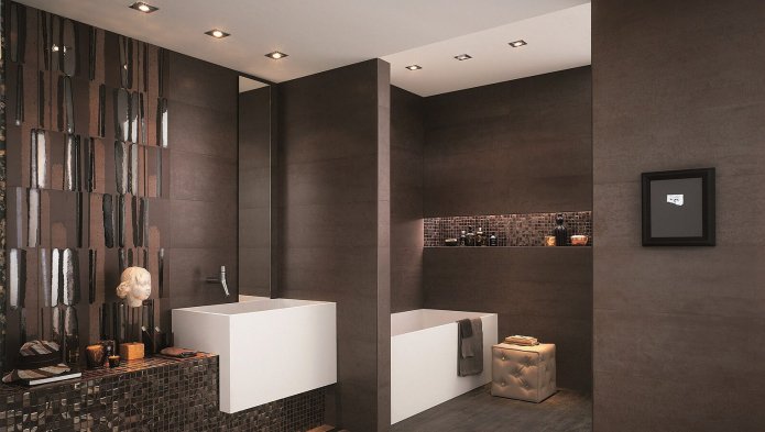połączenie mozaiki i płytek porcelanowych w ciemnobrązowej łazience