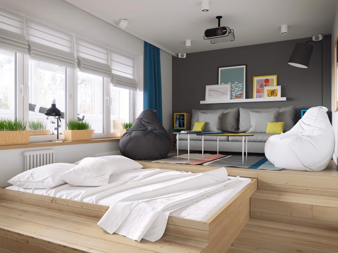 salon-sypialnia w projekcie jednopokojowego mieszkania o powierzchni 37 m2.