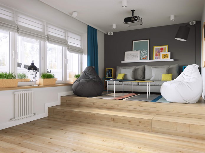 salon w projekcie jednopokojowego mieszkania o powierzchni 37 m2.