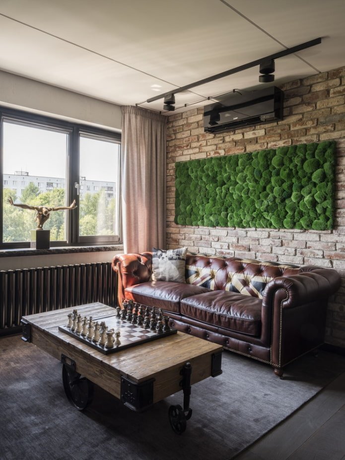 brązowy stół we wnętrzu w stylu loft