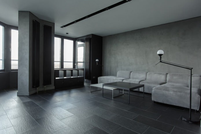 ciemnoszary gres porcelanowy w salonie