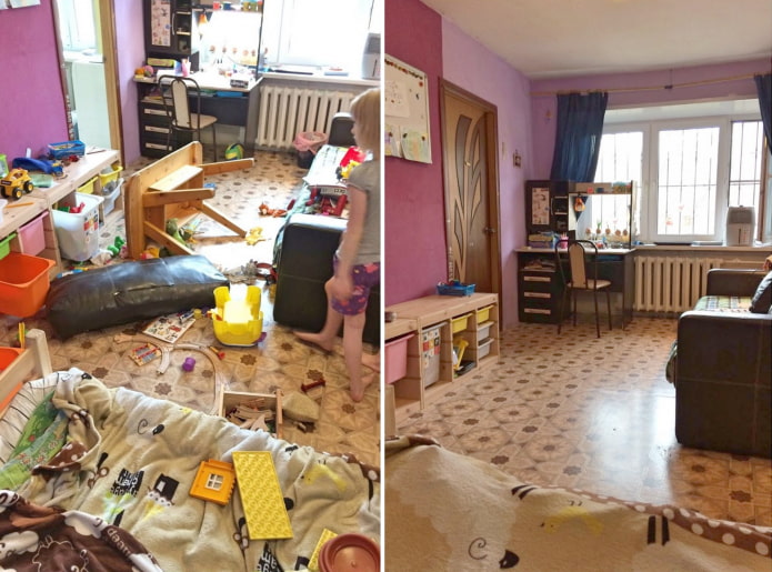 Sprzątanie pokoju dziecięcego przed i po