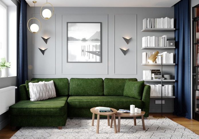 ciemnozielona sofa we wnętrzu