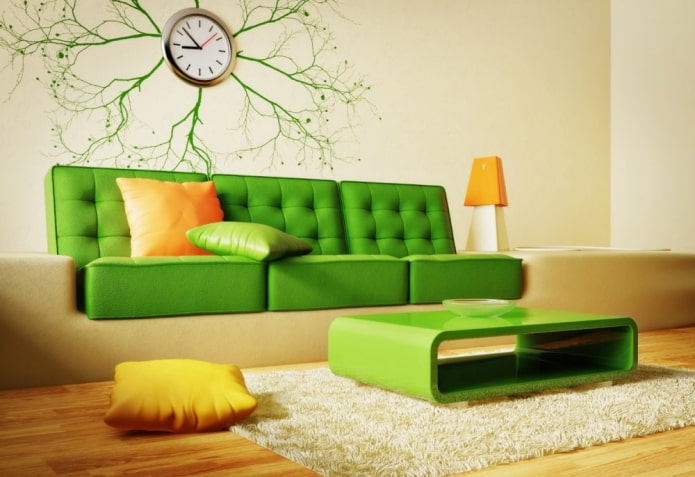 kwaśno-zielona sofa we wnętrzu