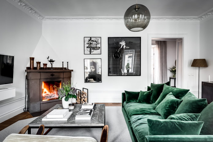 zielona sofa w stylu skandynawskim