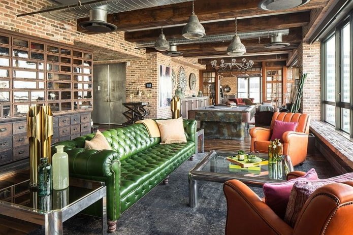 zielona sofa w stylu loftowym