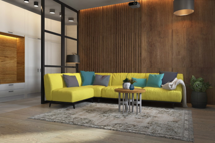 żółta narożna sofa we wnętrzu