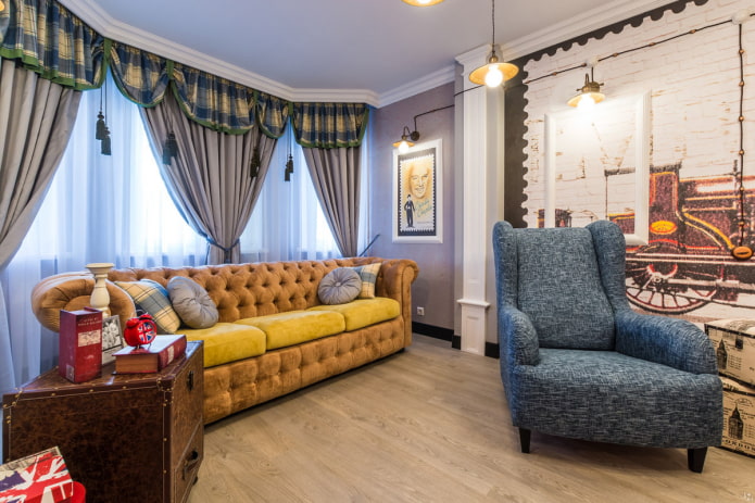 żółta sofa Chesterfield we wnętrzu